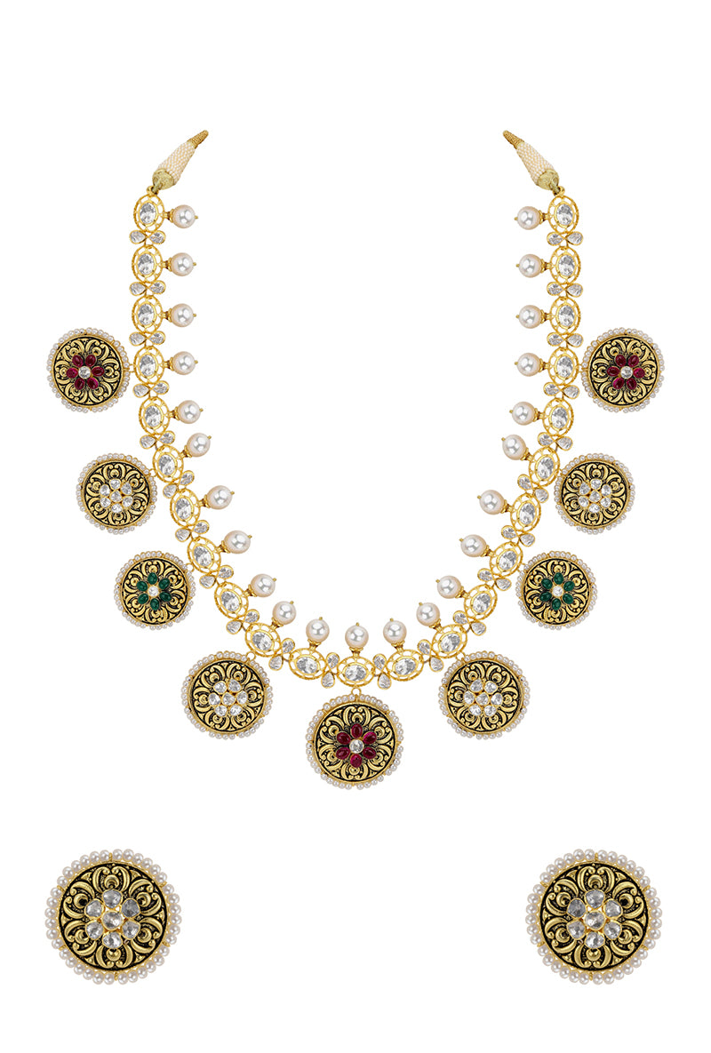 Gold Plated Silver Antique Look Necklace Set With Chitai Texture Work & Floral Motif With Round Pair of Studs