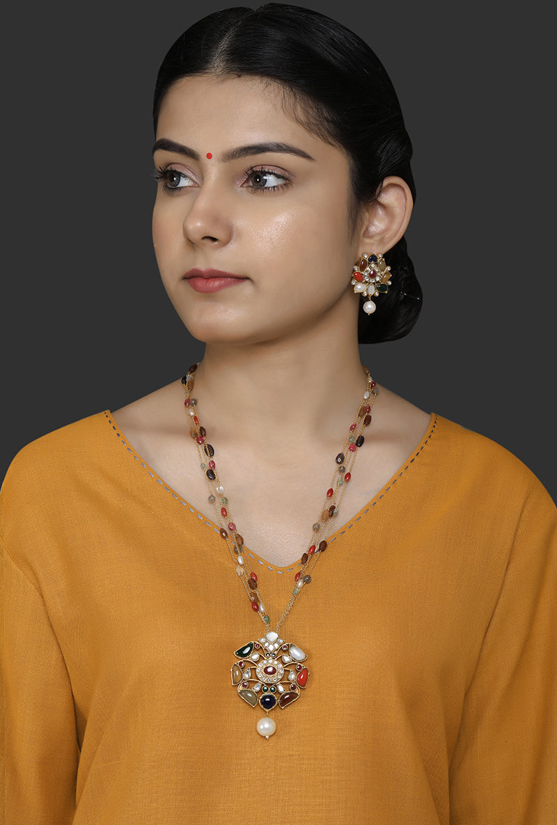 Gold Plated Silver Navratna Pendant Set With Beaded Chain Strings