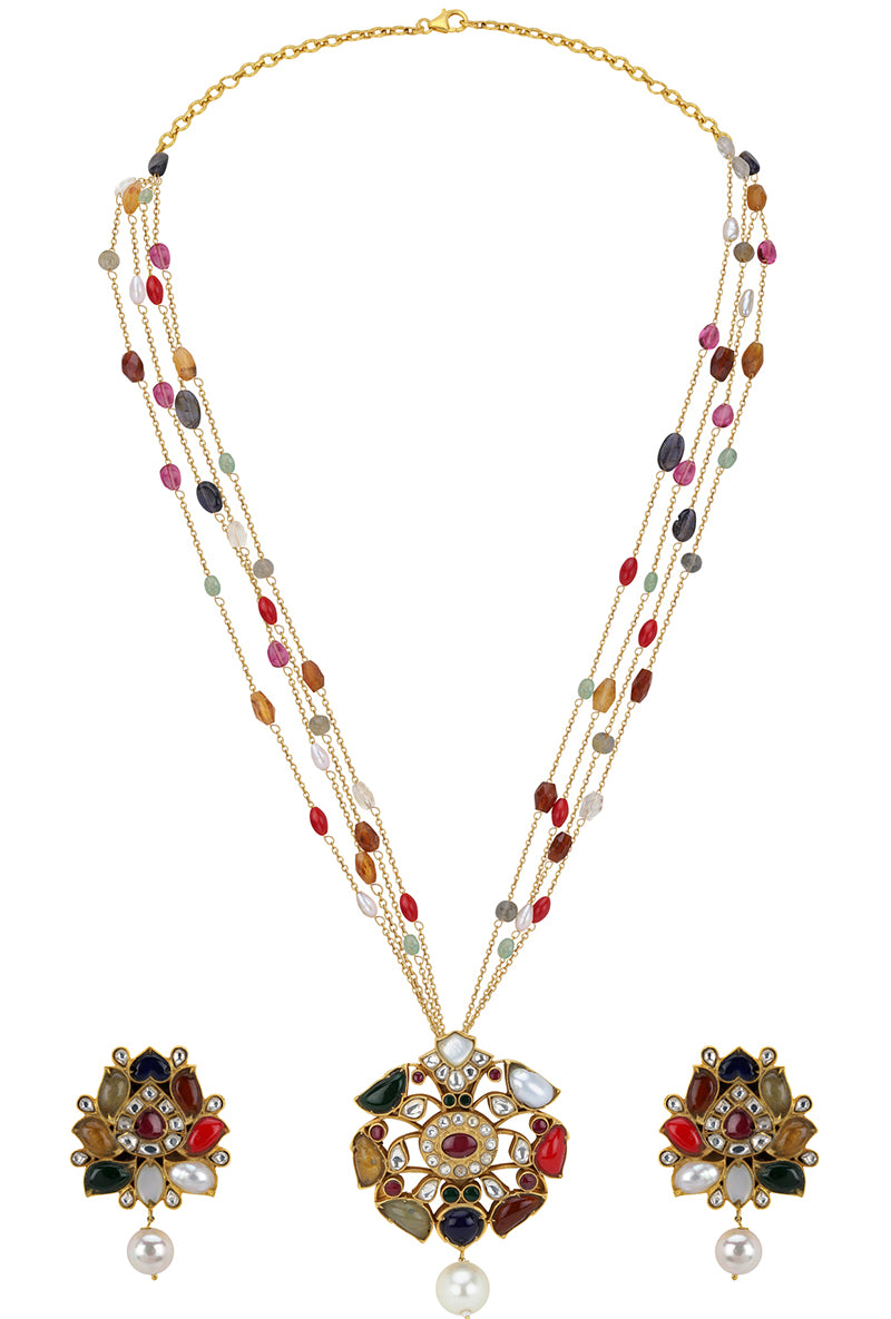 Gold Plated Silver Navratna Pendant Set With Beaded Chain Strings