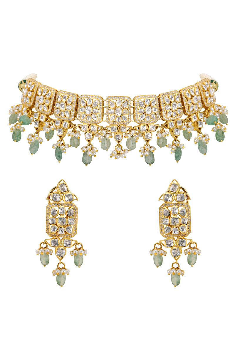 Gold Plated Silver Choker With Polki & Light Green Drops Along With Fresh Water Pearl Drops