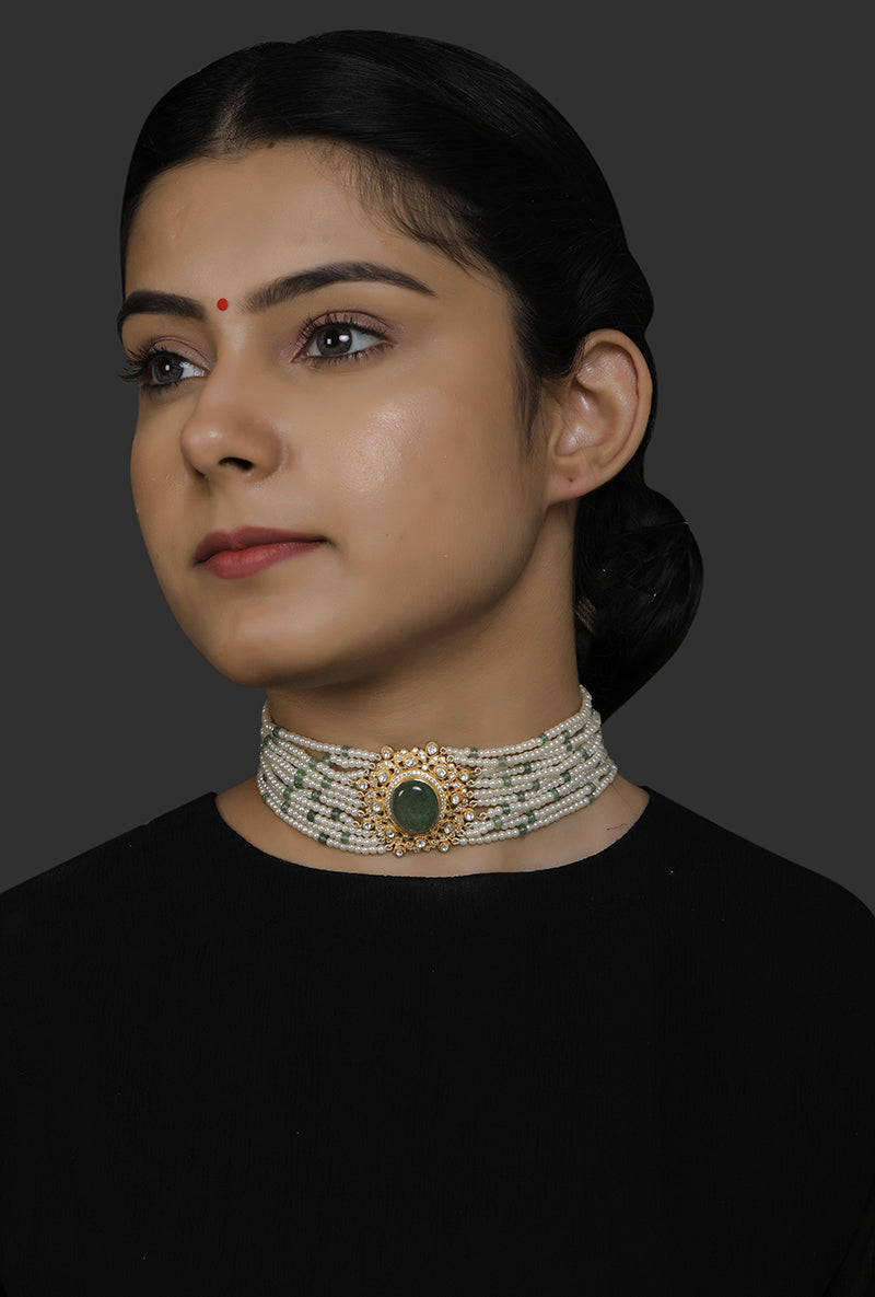 Gold Plated Silver Choker With Green Oval Stone in Center With Pearl & Green Stone Strung Mala