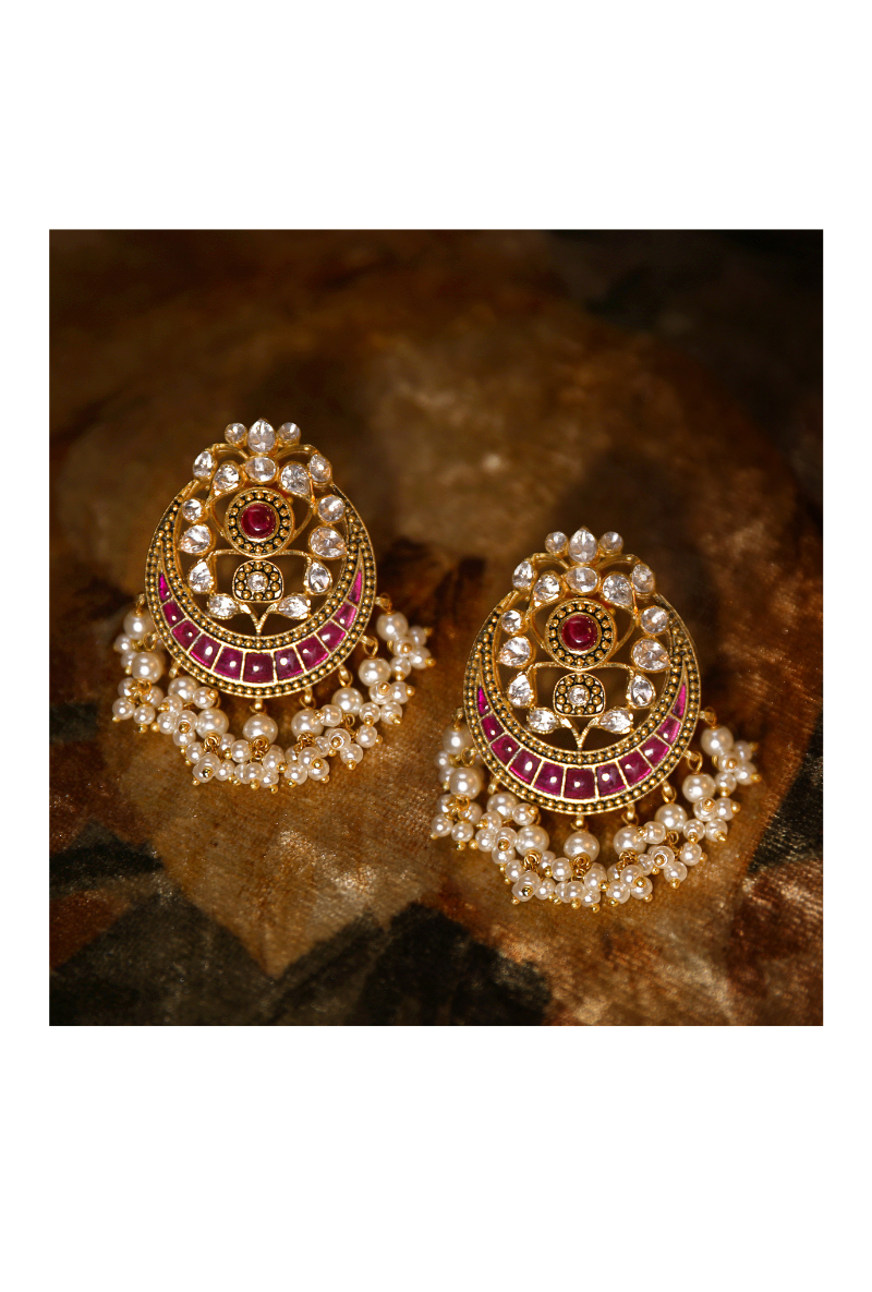 Gold Plated Silver Earrings With Polki & Red Stones And Pearl Drops