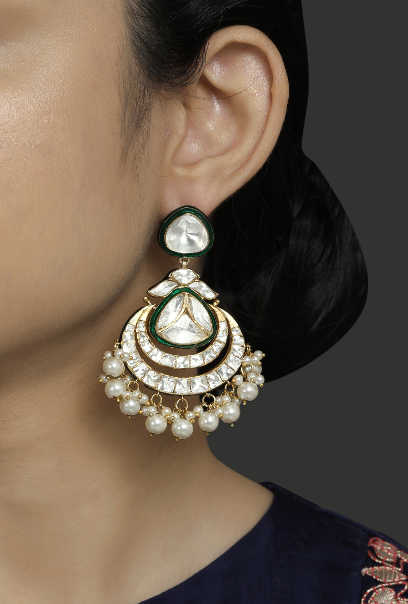 Gold Plated Silver Triangular Earrings With Polki & Green Enamel & Fresh Water Pearls