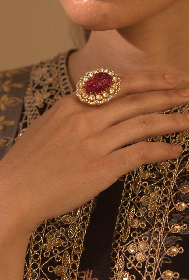 Gold Plated Silver Ring With Red Carved Oval Stone & Polki