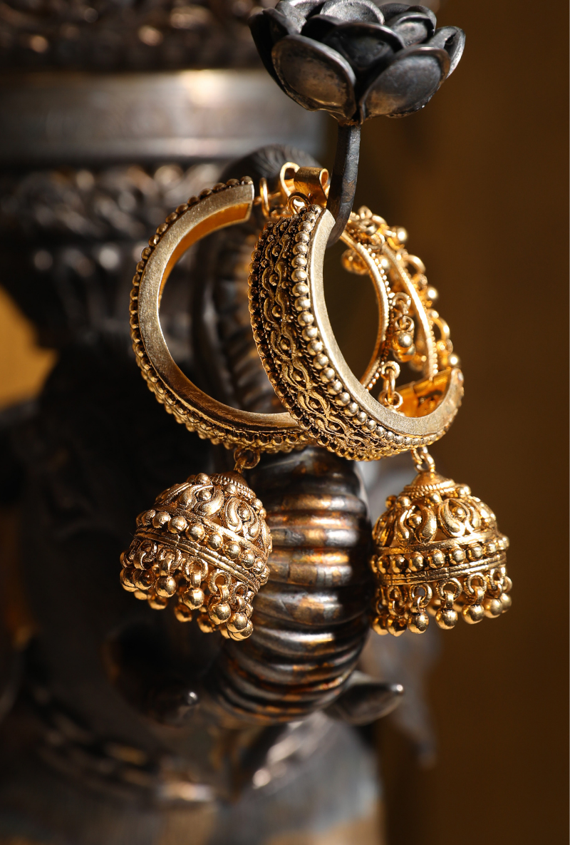 Gold Plated Silver Textured Bali With Jhumki