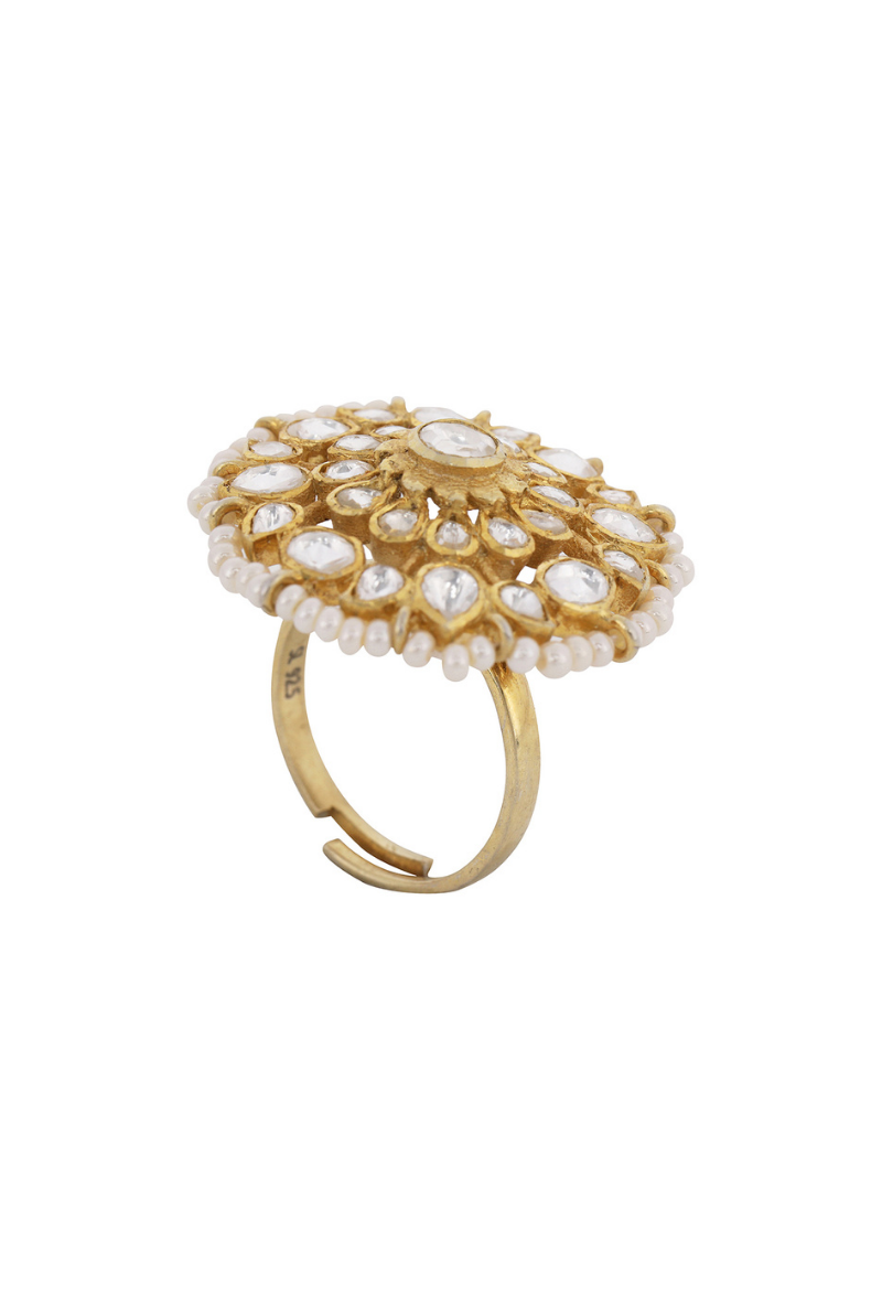 All White Polki Gold Plated Silver Floral Motif Ring
