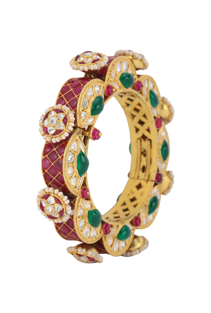 Gold Plated Silver Polki Openable Kada With Green/Red Stones & Pearls