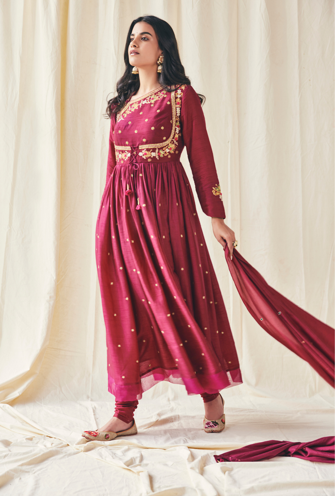 Wine Floral Yolk Meera Anarakli Set