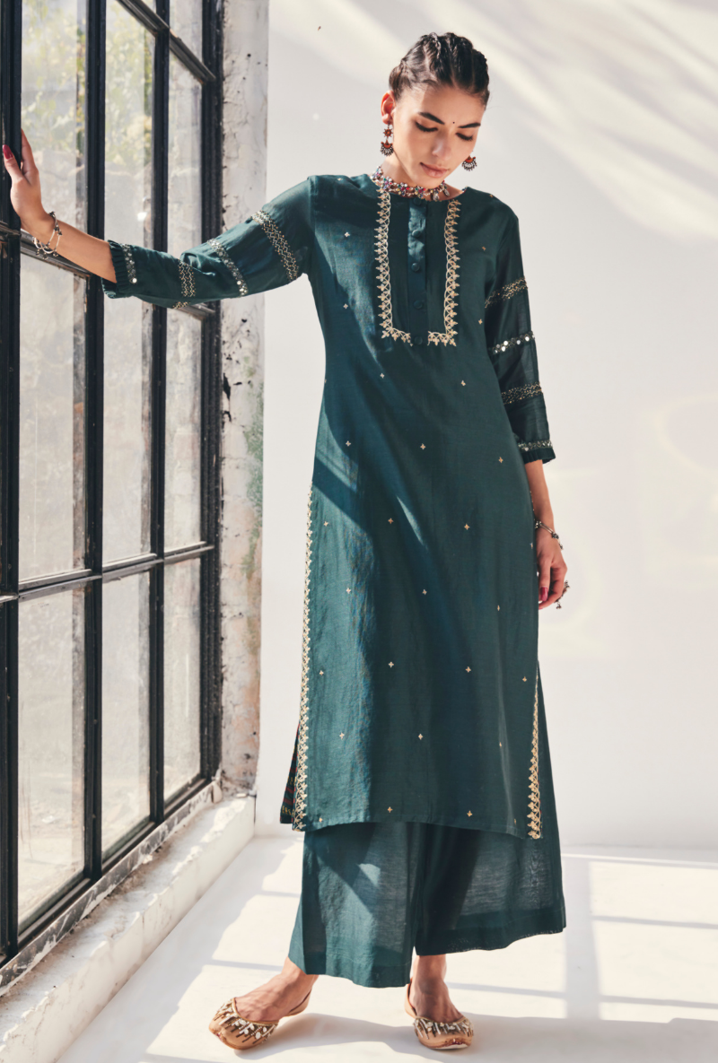 Green Mirror Work Fiza Kurta Set