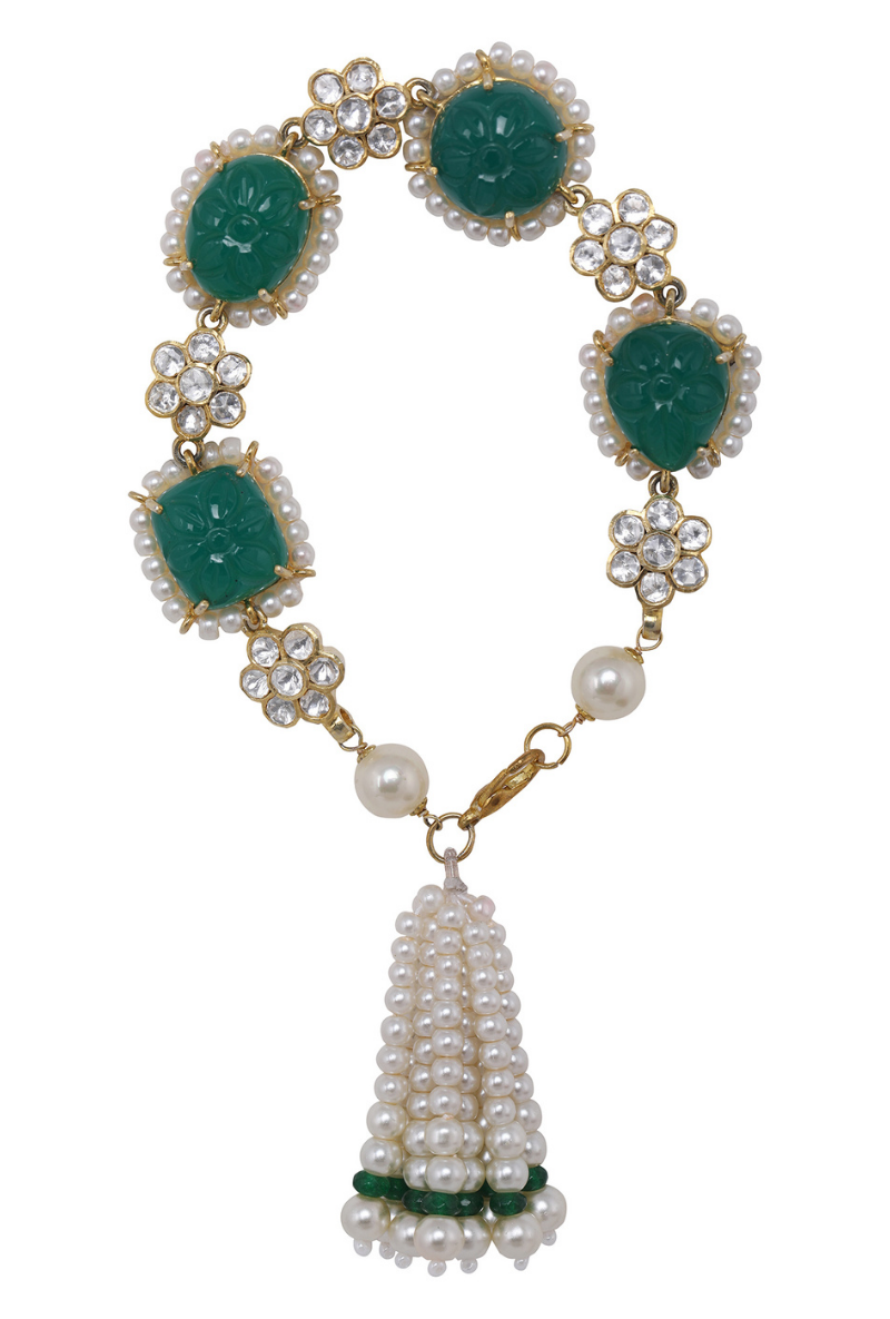 Gold Plated Silver Green Carved Stone & Polki Flower Motif Loose Bracelet