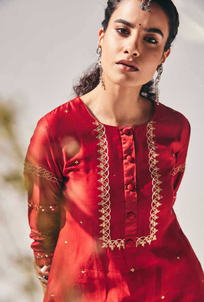 Red Mirror Work Fiza Kurta Set