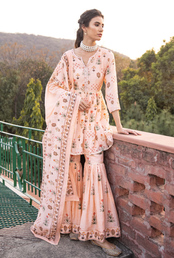 Peach Mirror Work Yoke Malang Gharara Set