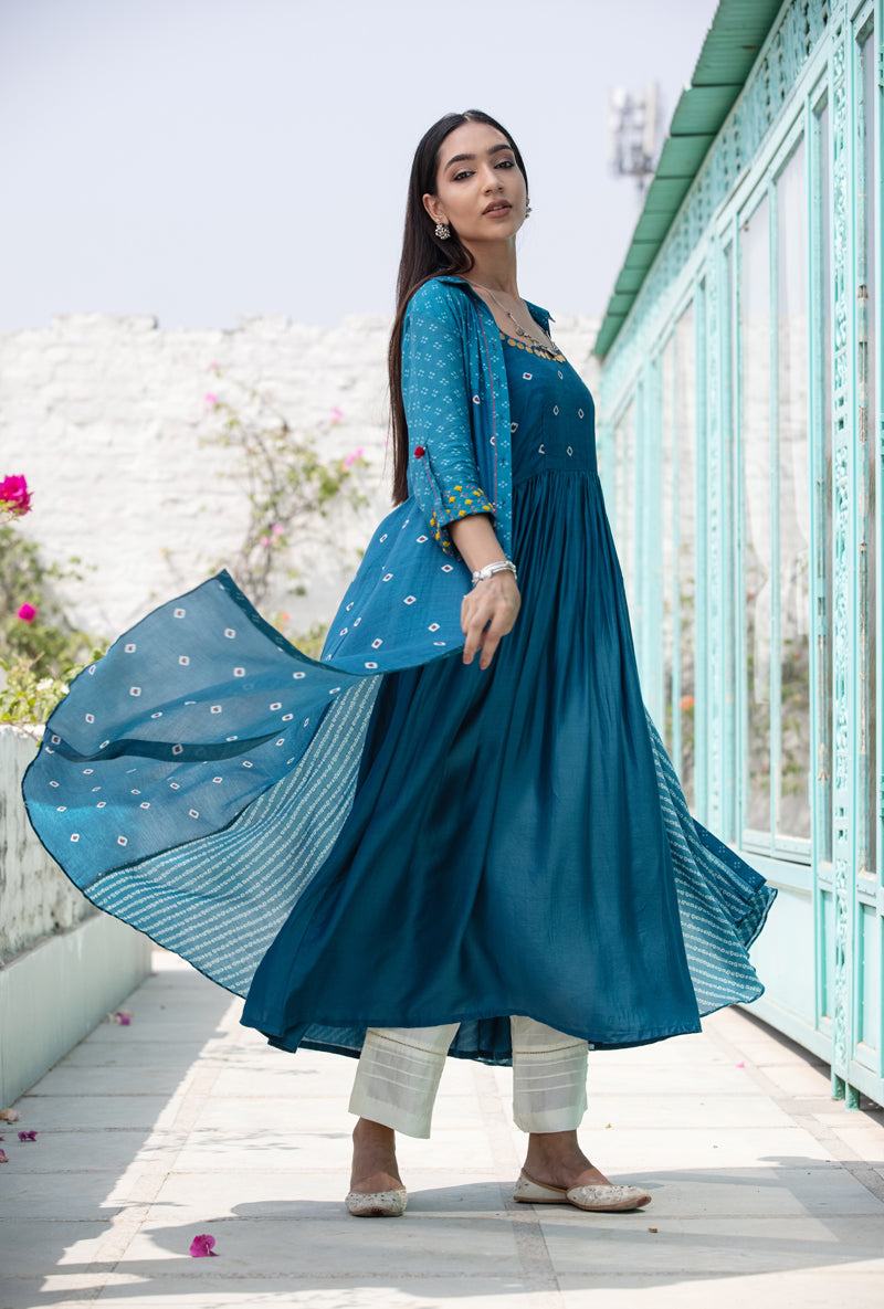 Blue Jacket and Inner Nura Kurta Set