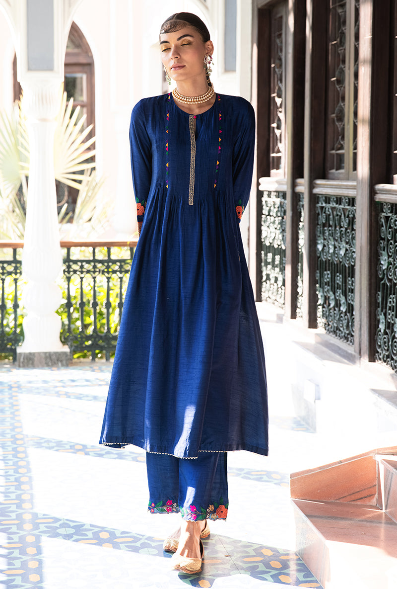 Blue Applique Lotus Sleeves Sunehri Kurta Set
