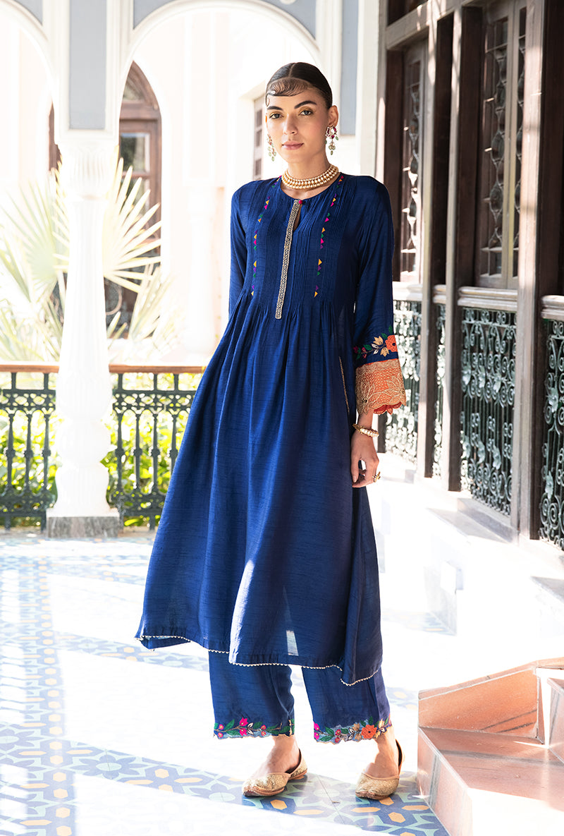 Blue Applique Lotus Sleeves Sunehri Kurta Set