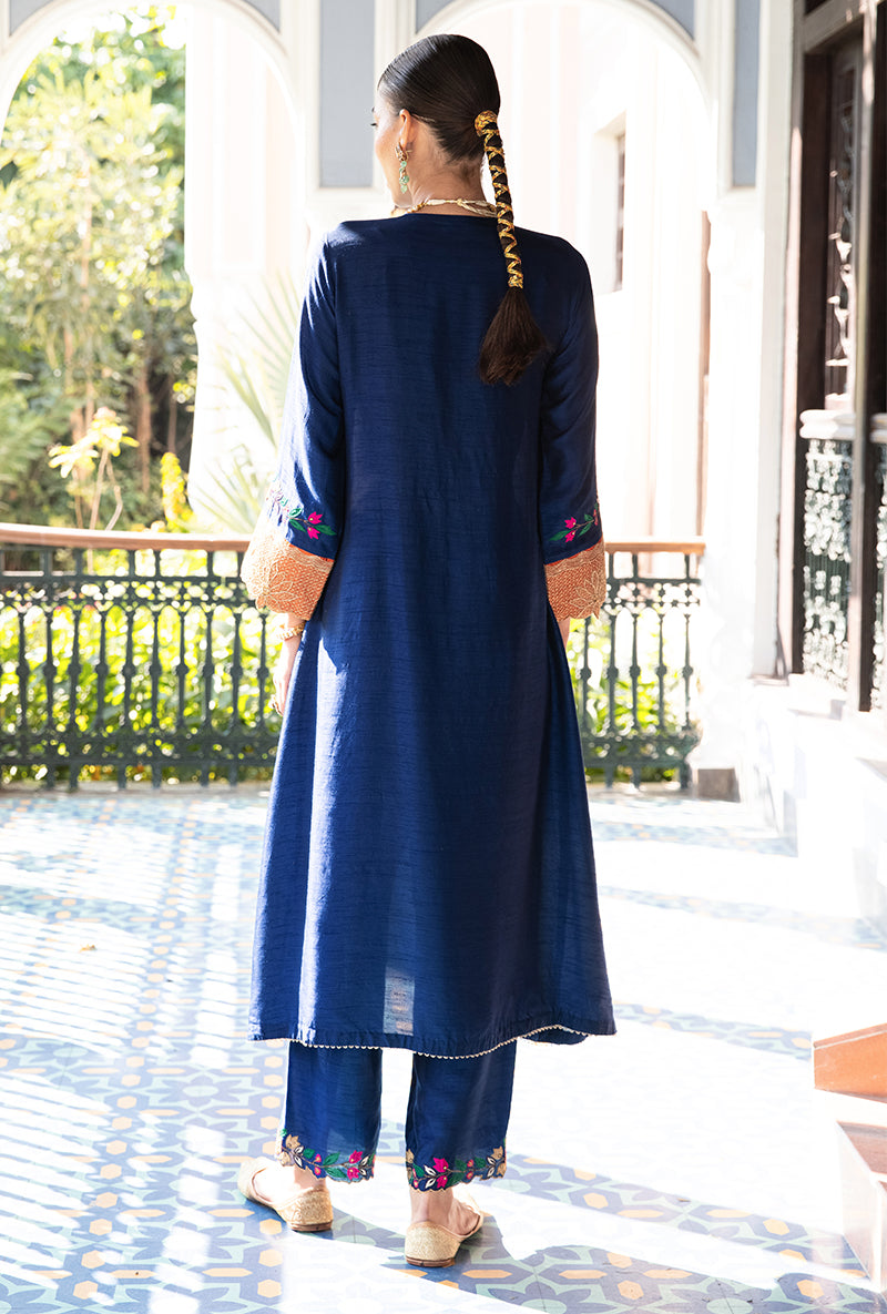 Blue Applique Lotus Sleeves Sunehri Kurta Set