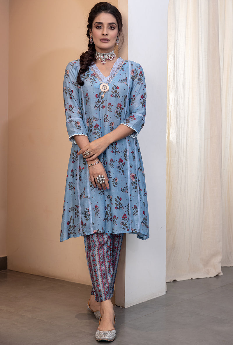 Blue Floral Print A-line Sarah Tunic Set