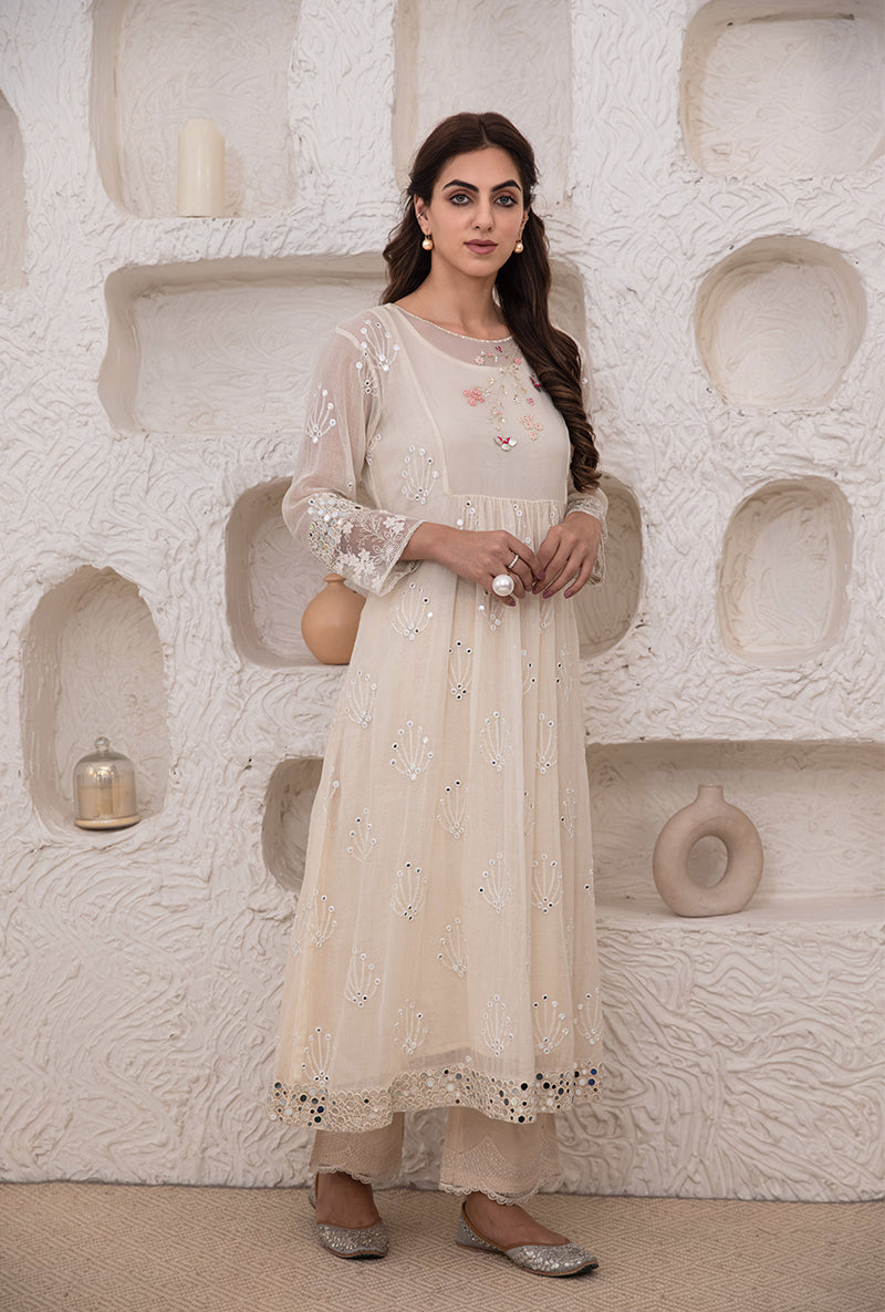 Ivory Mirror And Resham Work Kurta Set