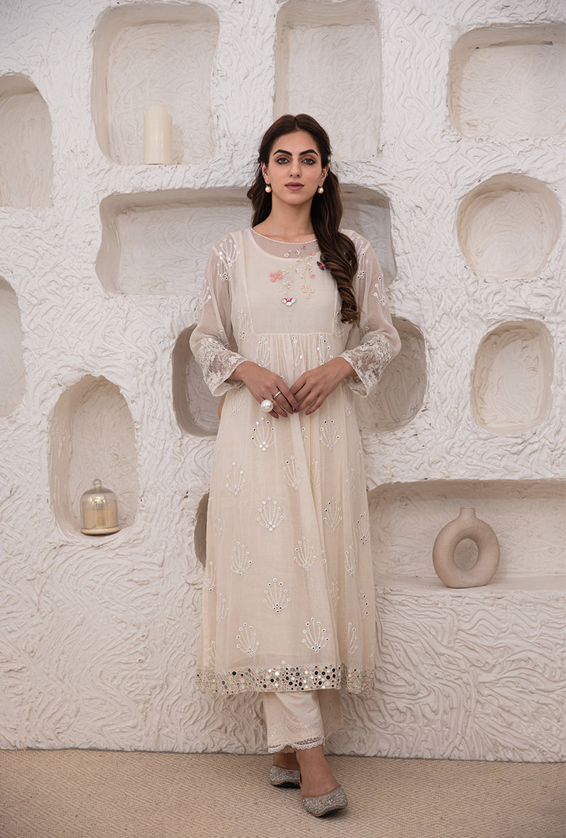 Ivory Mirror And Resham Work Kurta Set