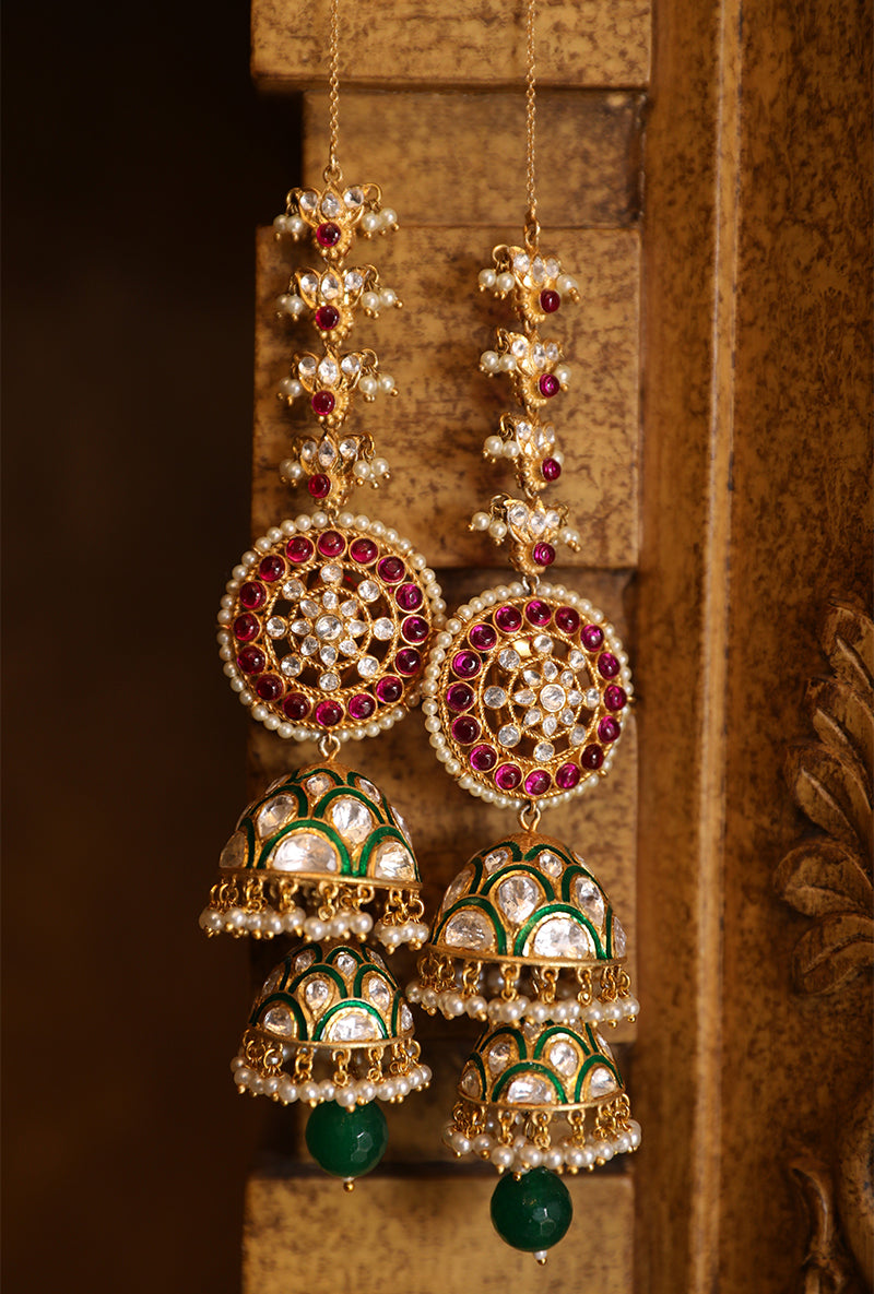 Gold Plated Silver Red Stone & Polki Jhumki With Green Enamel & Kaanchain With Pearls Strung