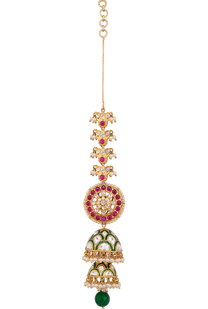 Gold Plated Silver Red Stone & Polki Jhumki With Green Enamel & Kaanchain With Pearls Strung