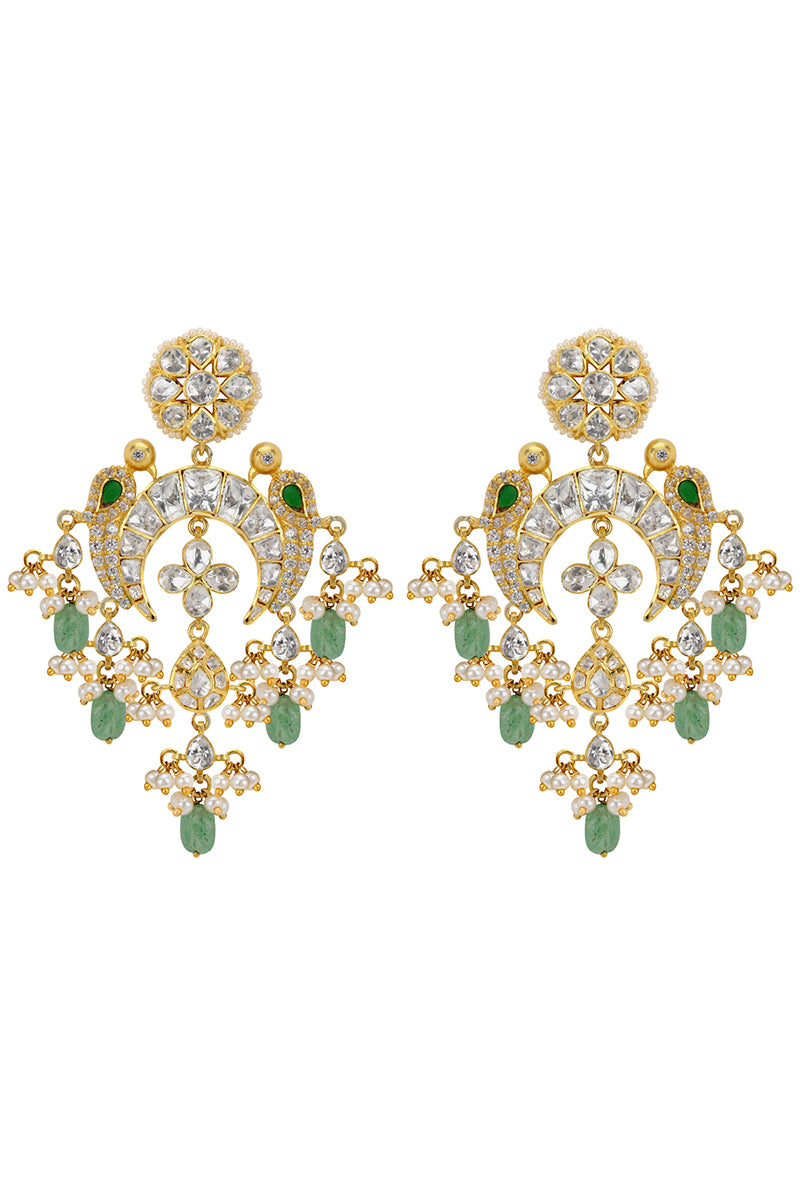 Gold Plated Silver Bird Motif Chandelier Earring With Emerald & Pearl Drop