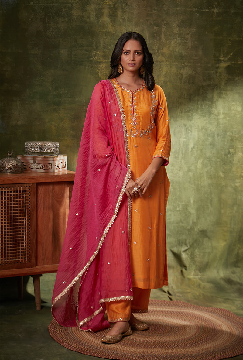 Orange Leaf Yoke Mahi Kurta Set