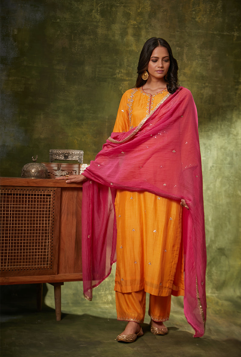 Orange Leaf Yoke Mahi Kurta Set