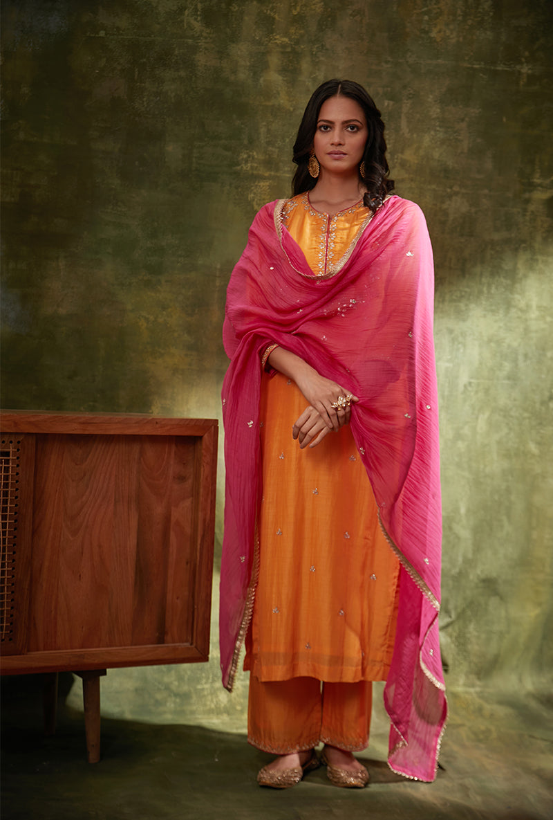 Orange Leaf Yoke Mahi Kurta Set