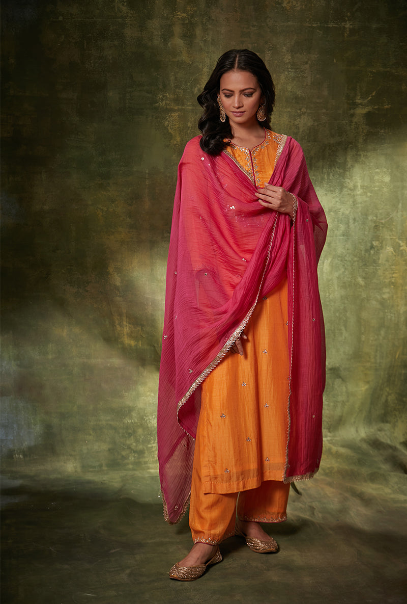 Orange Leaf Yoke Mahi Kurta Set