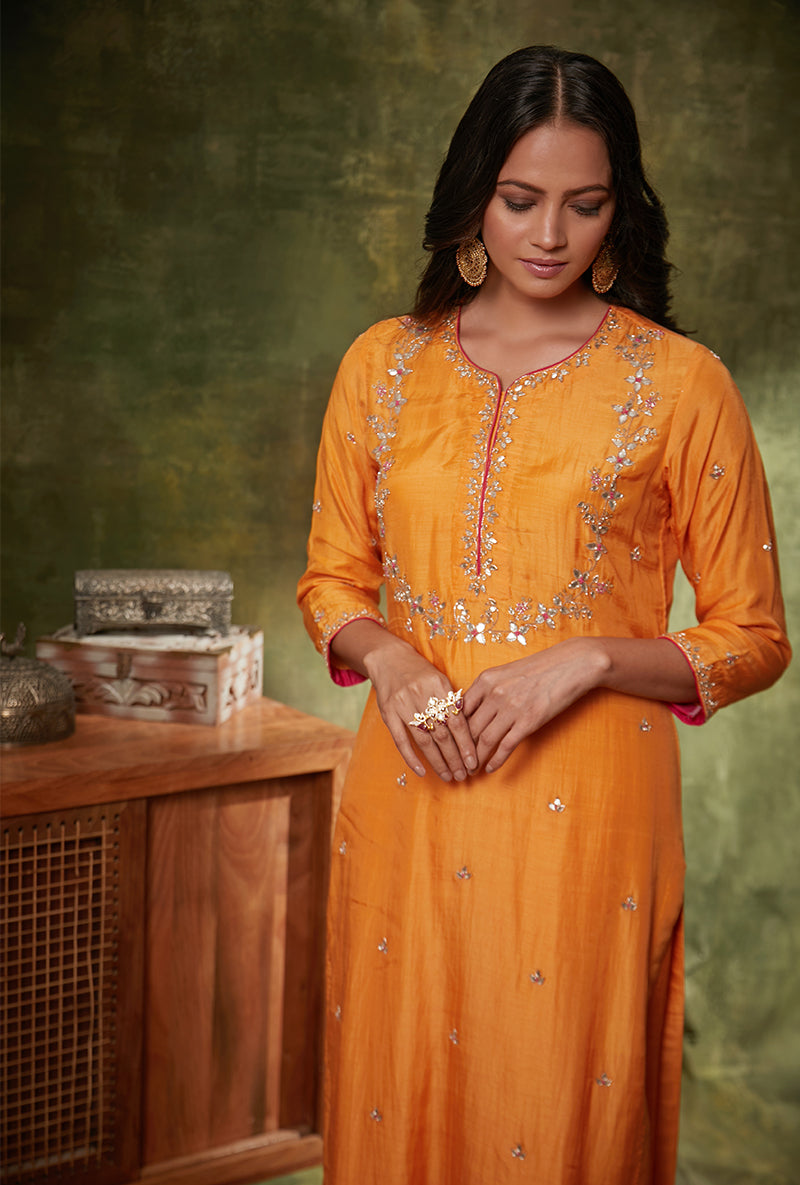 Orange Leaf Yoke Mahi Kurta Set