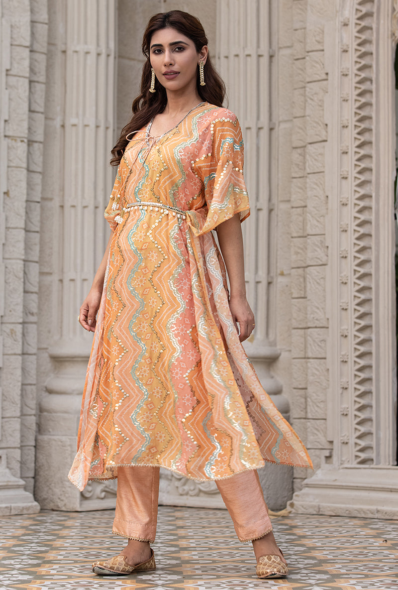 Peach Bandhani Print Sitara 2.0 Kaftan Set