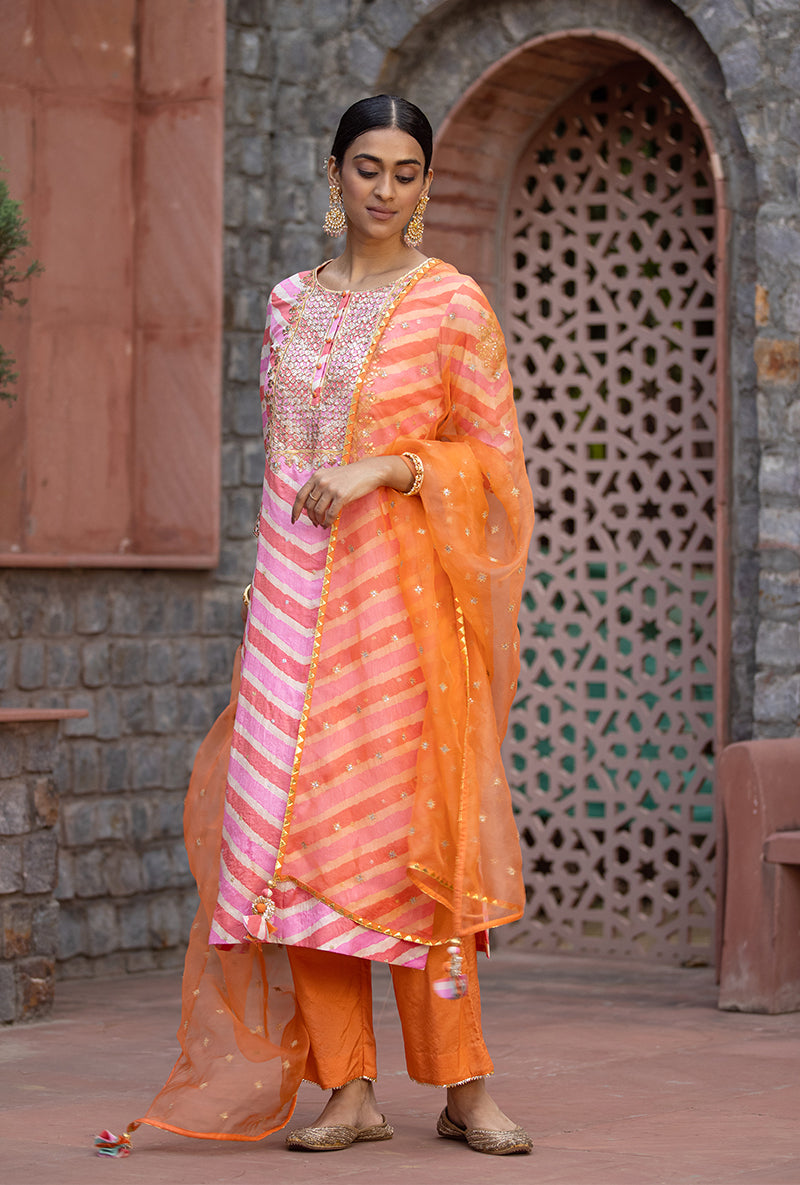 Peach Pink Gota Yoke Leheriya 2.0 Kurta Set