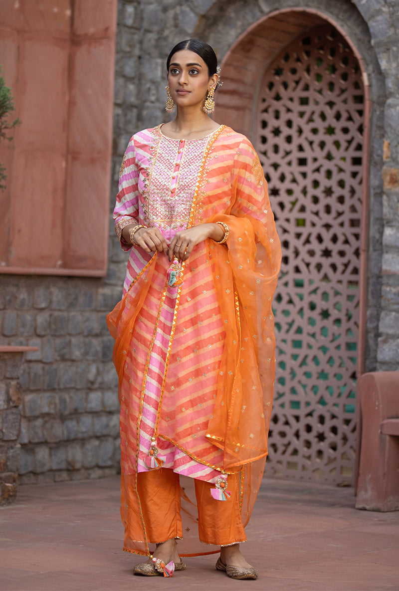 Peach Pink Gota Yoke Leheriya 2.0 Kurta Set