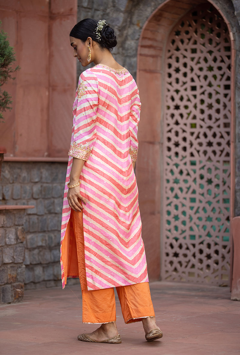 Peach Pink Gota Yoke Leheriya 2.0 Kurta Set