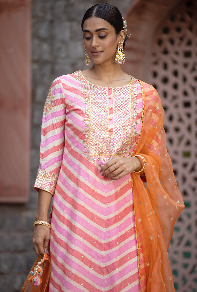 Peach Pink Gota Yoke Leheriya 2.0 Kurta Set