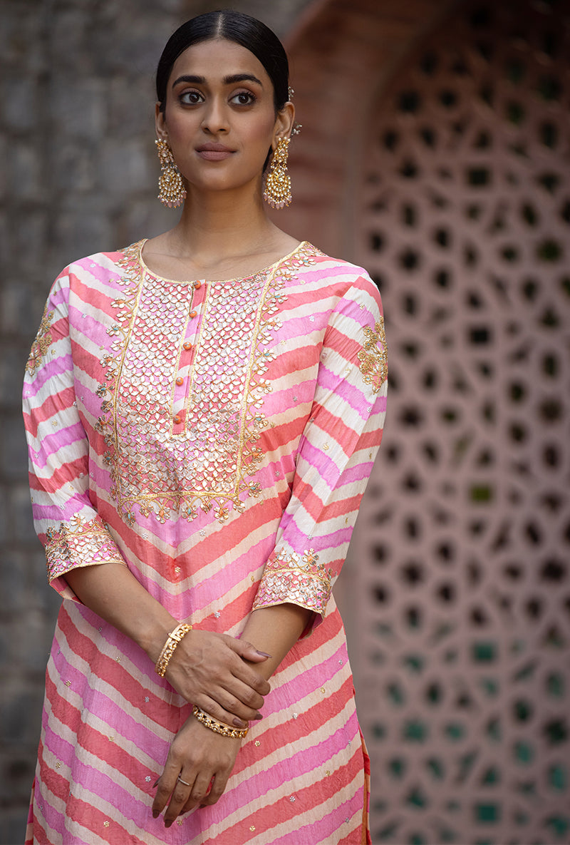 Peach Pink Gota Yoke Leheriya 2.0 Kurta Set