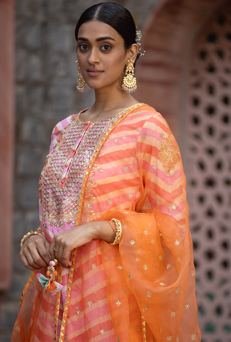 Peach Pink Gota Yoke Leheriya 2.0 Kurta Set