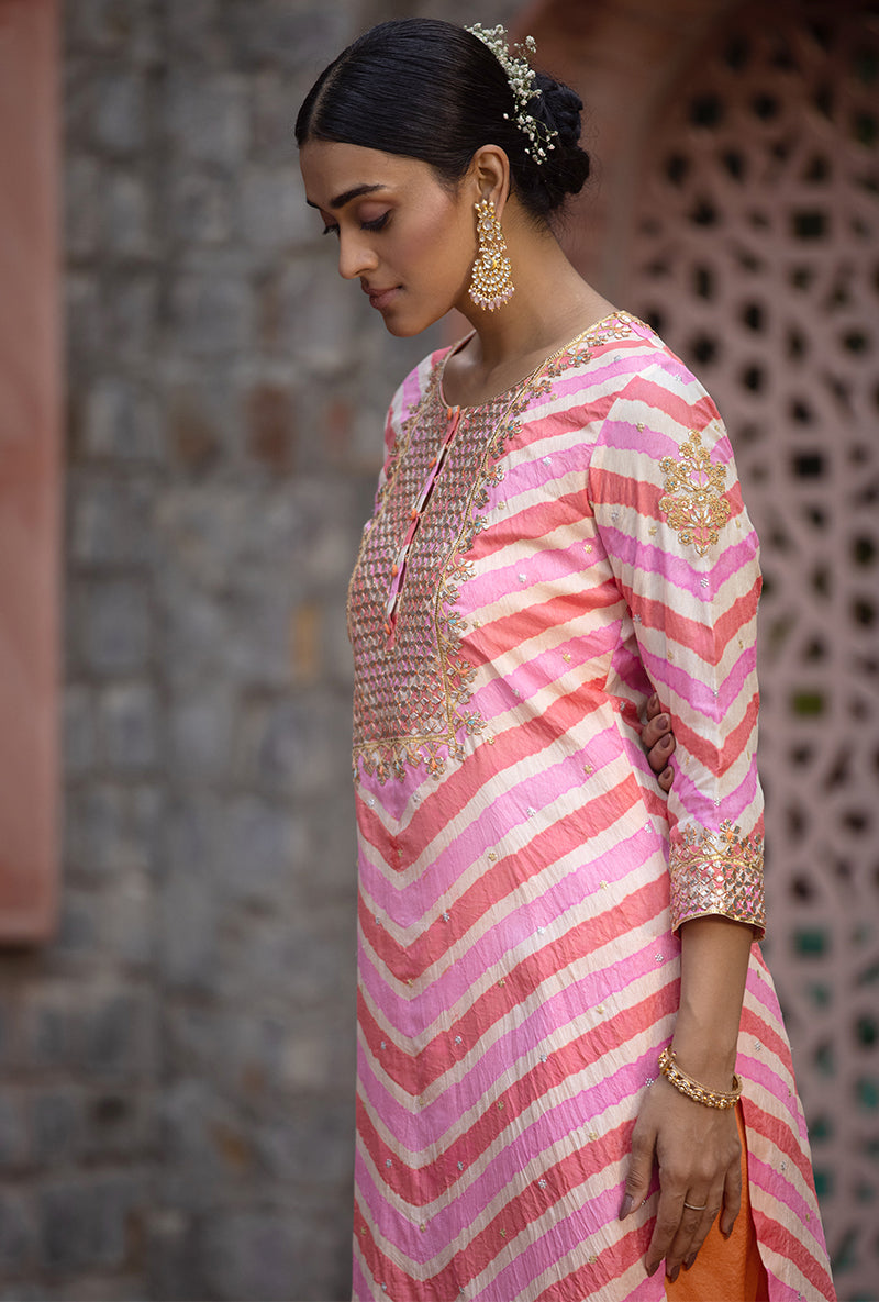 Peach Pink Gota Yoke Leheriya 2.0 Kurta Set