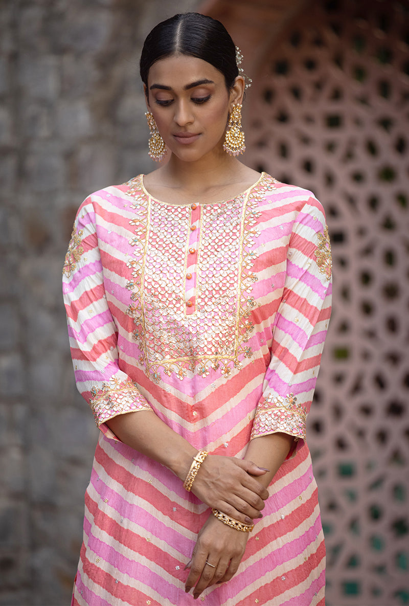 Peach Pink Gota Yoke Leheriya 2.0 Kurta Set