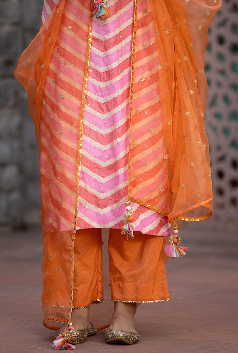 Peach Pink Gota Yoke Leheriya 2.0 Kurta Set