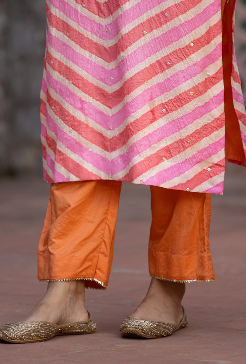 Peach Pink Gota Yoke Leheriya 2.0 Kurta Set