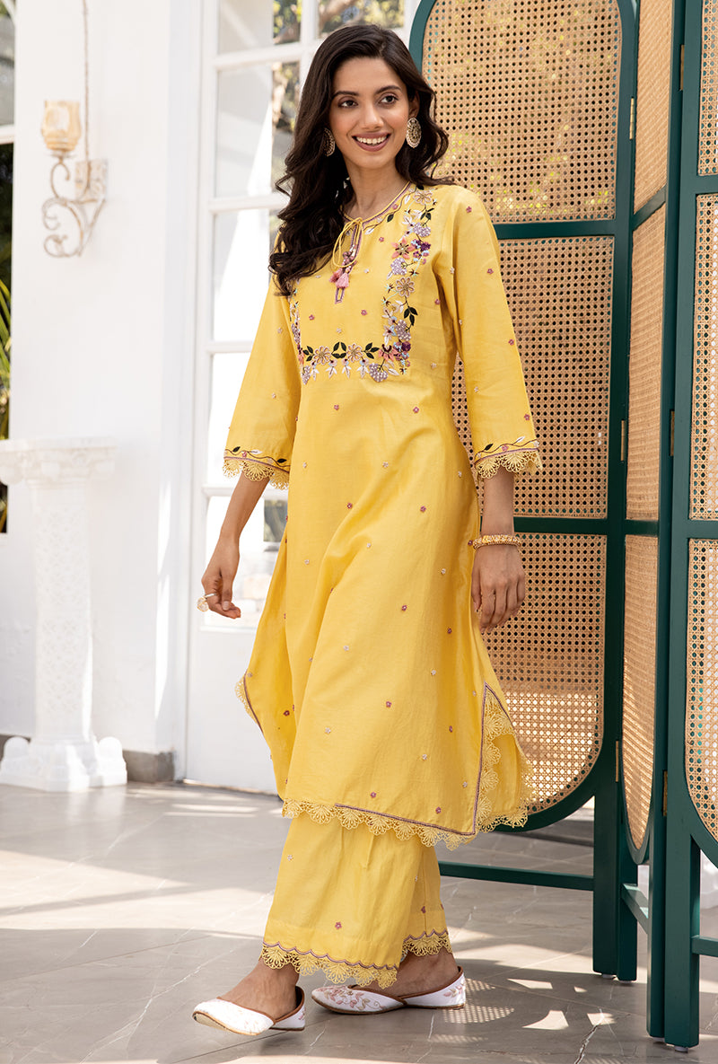 Yellow French Knot Handkerchief Suhaani Kurta Set