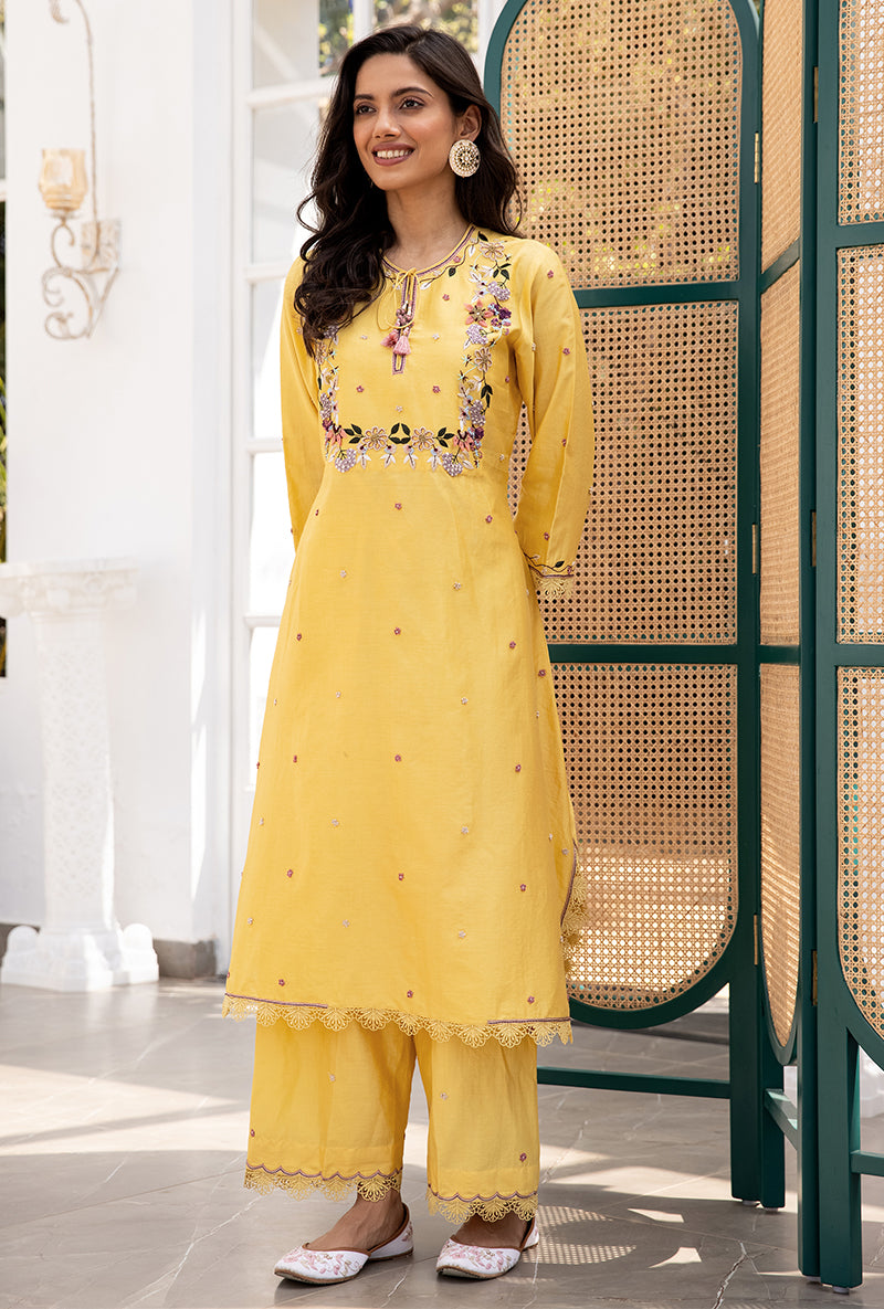 Yellow French Knot Handkerchief Suhaani Kurta Set