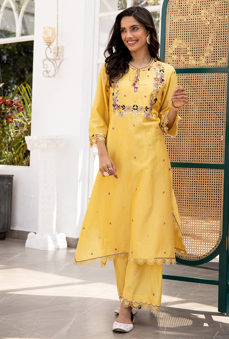 Yellow French Knot Handkerchief Suhaani Kurta Set