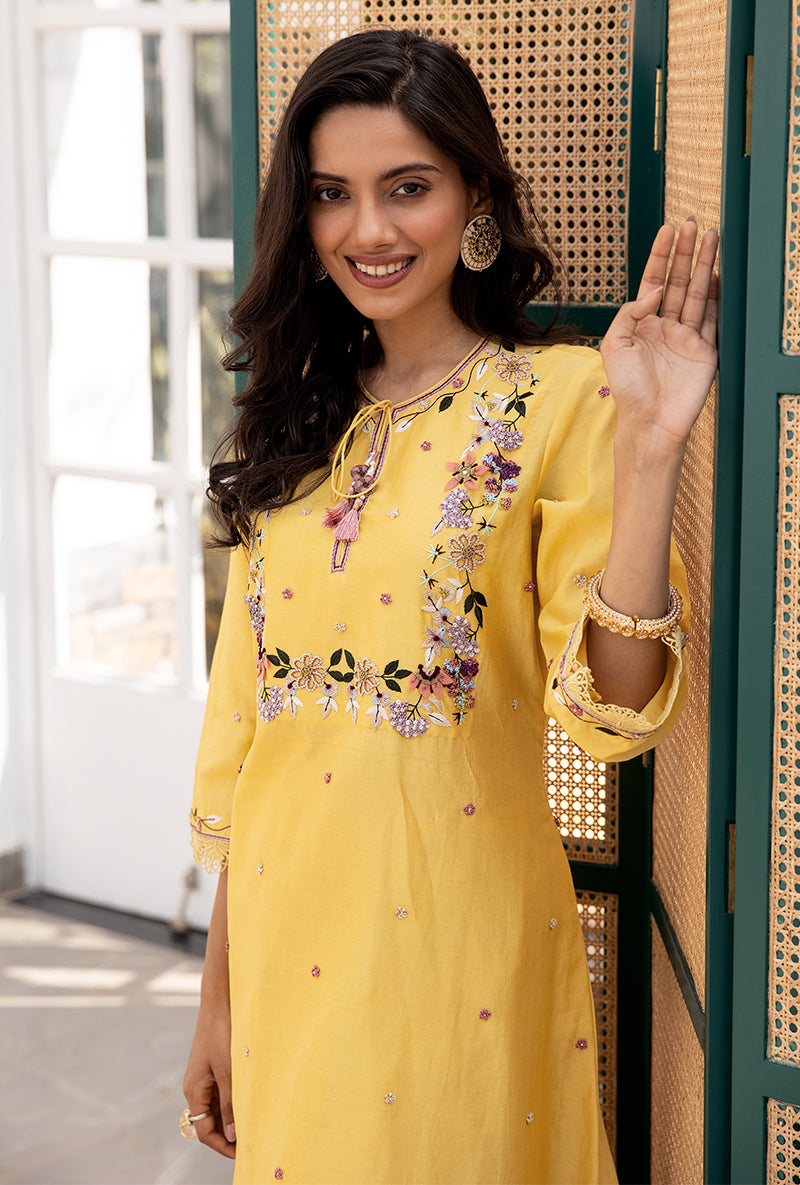 Yellow French Knot Handkerchief Suhaani Kurta Set