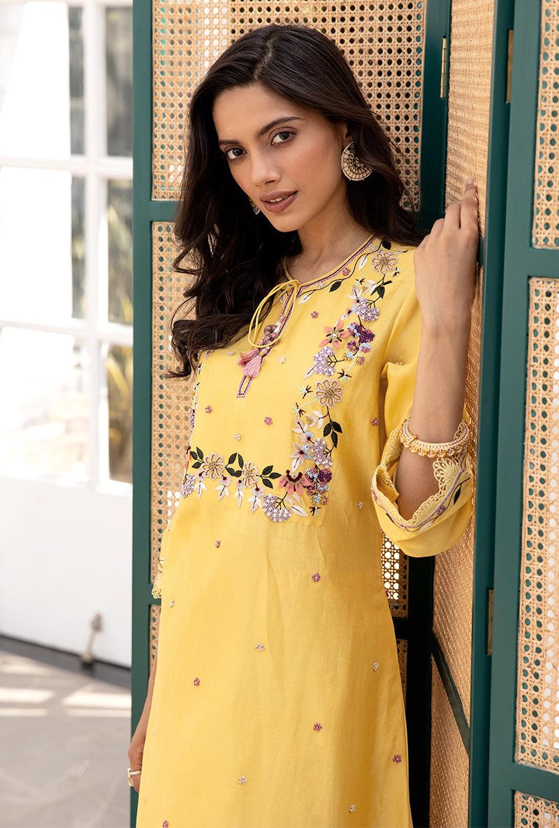 Yellow French Knot Handkerchief Suhaani Kurta Set