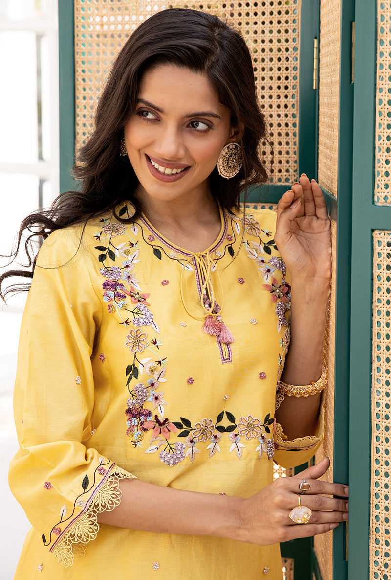 Yellow French Knot Handkerchief Suhaani Kurta Set