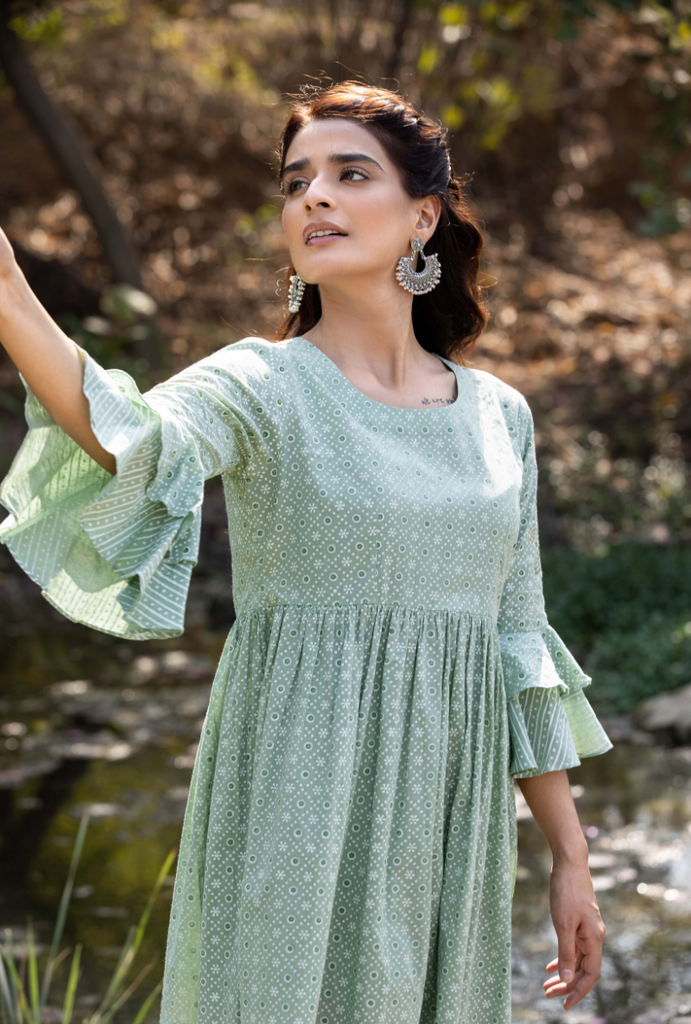 Green Frill Sleeve Titlie Anarkali Set