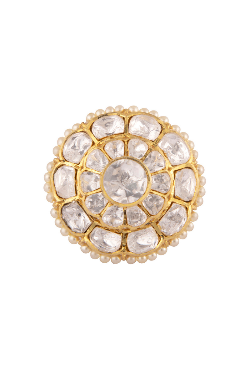 All White Polki Gold Plated Silver Ring With Pearls